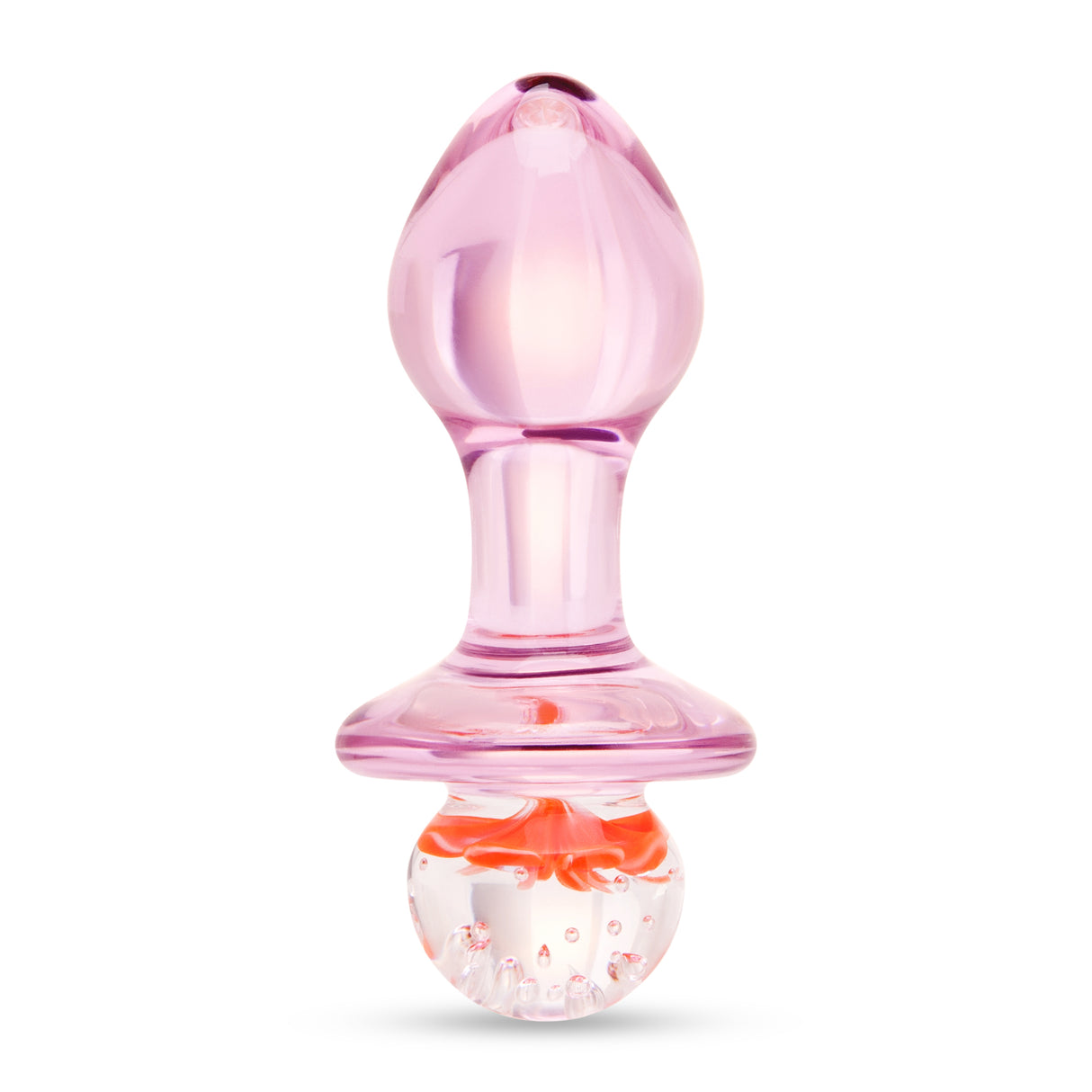 3.75" Pink Peony Butt Plug
Main View: Full upright pink translucent borosilicate glass Peony plug showcasing its teardrop shape and flared base.