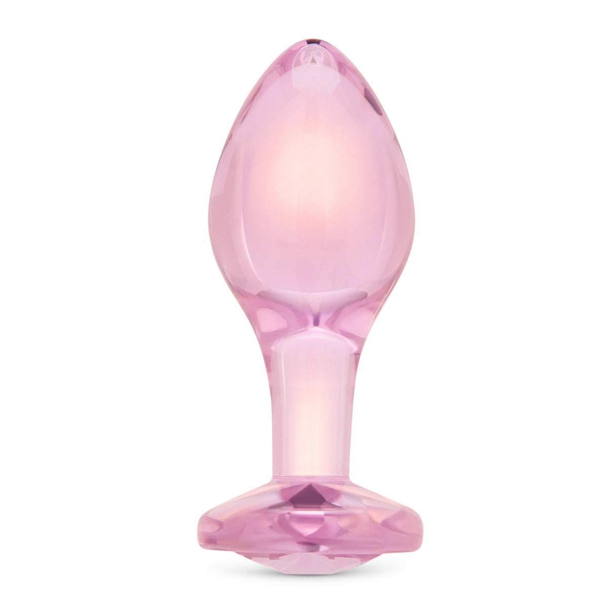 4" Bubble Gem Butt Plug - Large Main View: Pink-tinted borosilicate glass butt plug shown upright featuring a tapered shape and baby pink gem base.