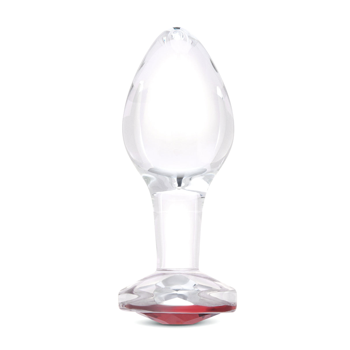 4" Cherry Sparkle Butt Plug - Large Clear borosilicate glass butt plug shown upright featuring a teardrop shape and ruby red gem base.