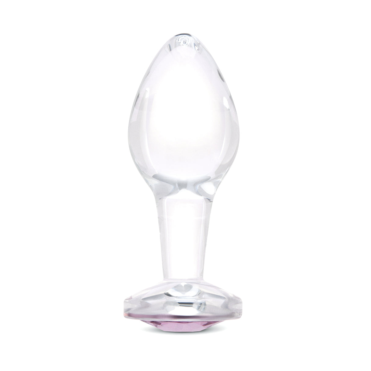 4" Pink Sparkle Butt Plug - Large Clear borosilicate glass butt plug shown upright featuring a tapered shape and pink gem base.