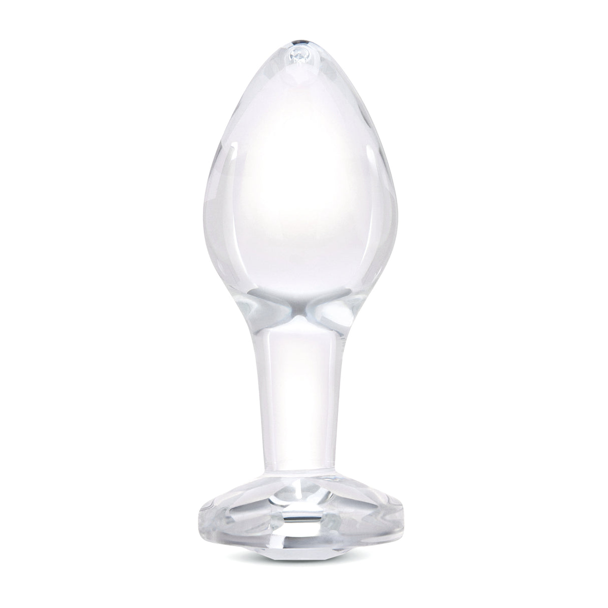4" Rear Sparkle Butt Plug - Large Clear borosilicate glass butt plug shown upright with a tapered bulb and diamond base.
