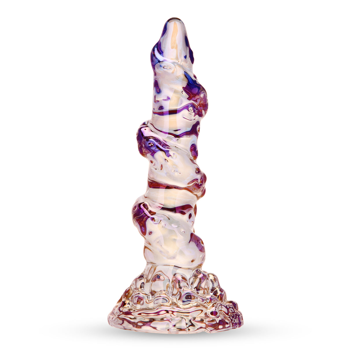6.25" Beast's Reach Dildo Main View: Full upright translucent iridescent 6.25" Beast's Reach Dildo showcasing its heavily spiraled, knotted shaft and base.