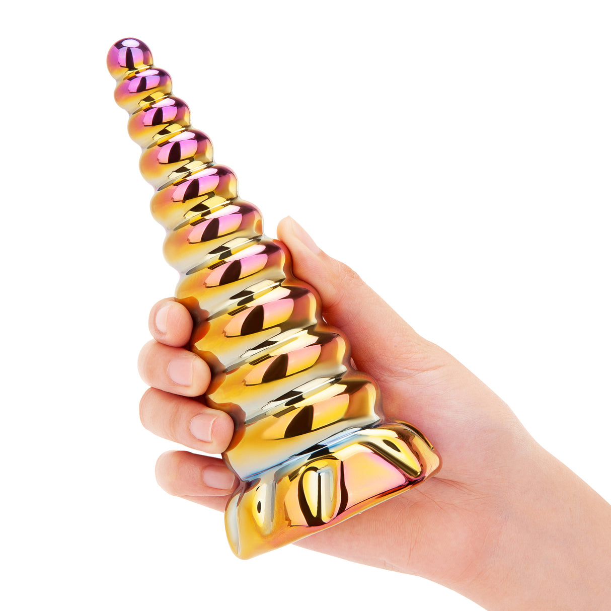 6.5" Forbidden Spire Dildo In-Hand/Scale: Weighty glass sex toy held in hand to demonstrate confident grip and overall scale.