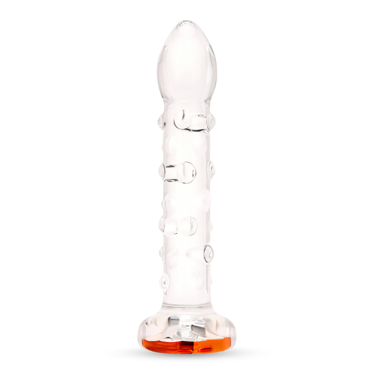 7" Crystal Tide Dildo Main View: Full upright clear glass 7" Crystal Tide Dildo showcasing the gently ridged shaft and base.