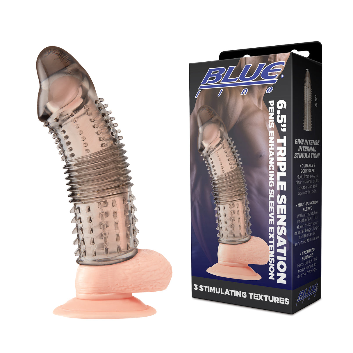 6.5 inch triple sensation penis extension sleeve displaying three distinct texture zones