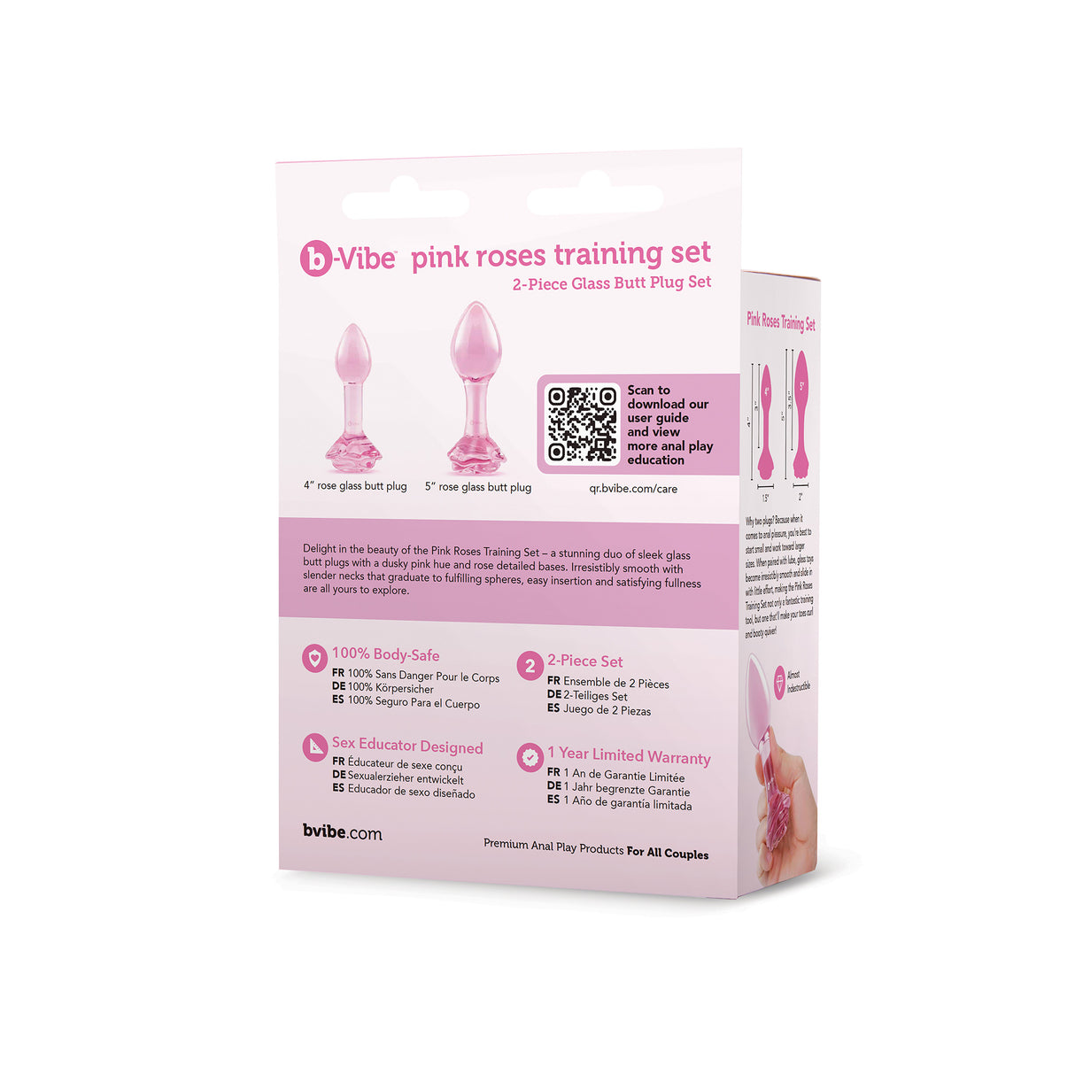b-Vibe Pink Roses Glass Butt Plug Training Set