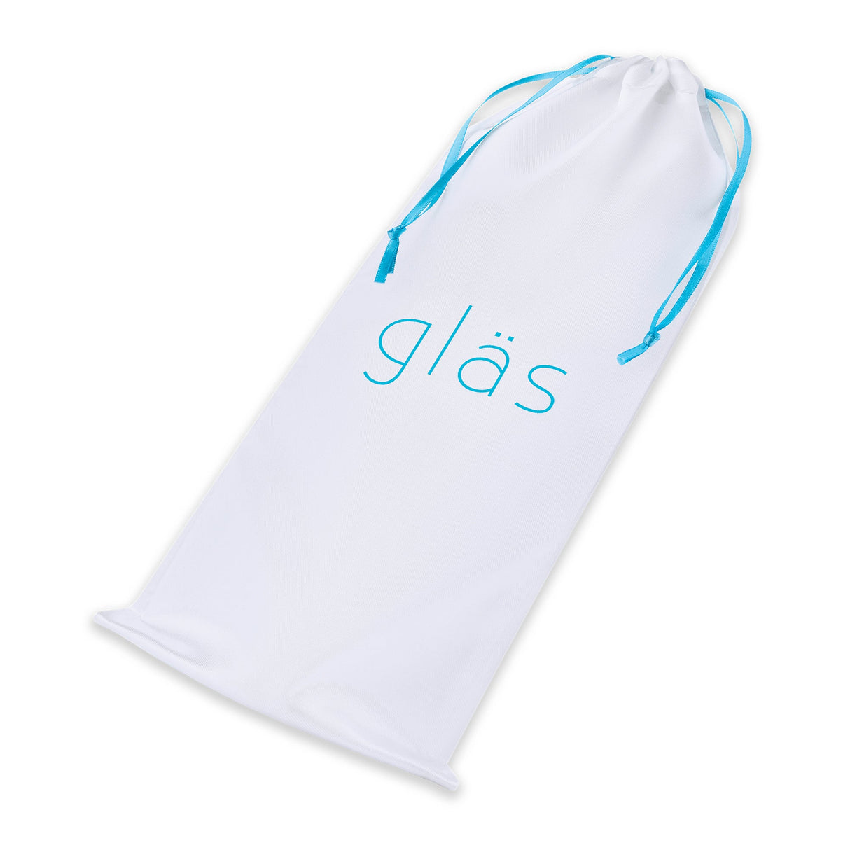 White drawstring bag with blue drawstring and 'glas' branding on a white background