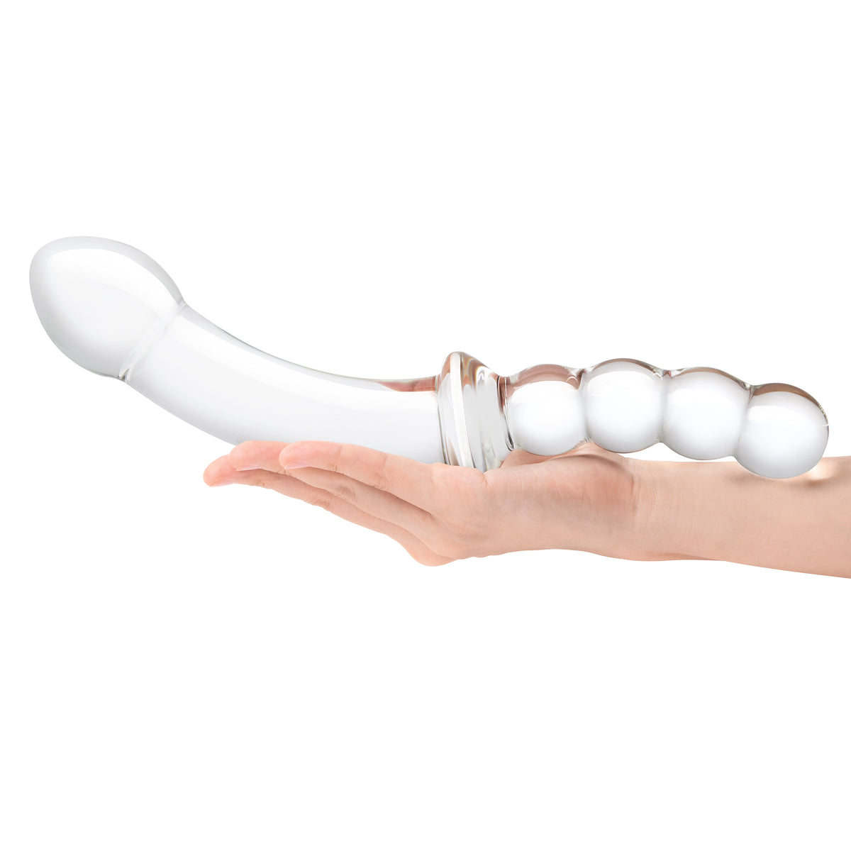 10" Double Sided Curved Glass Dildo With Glass Anal Beads
