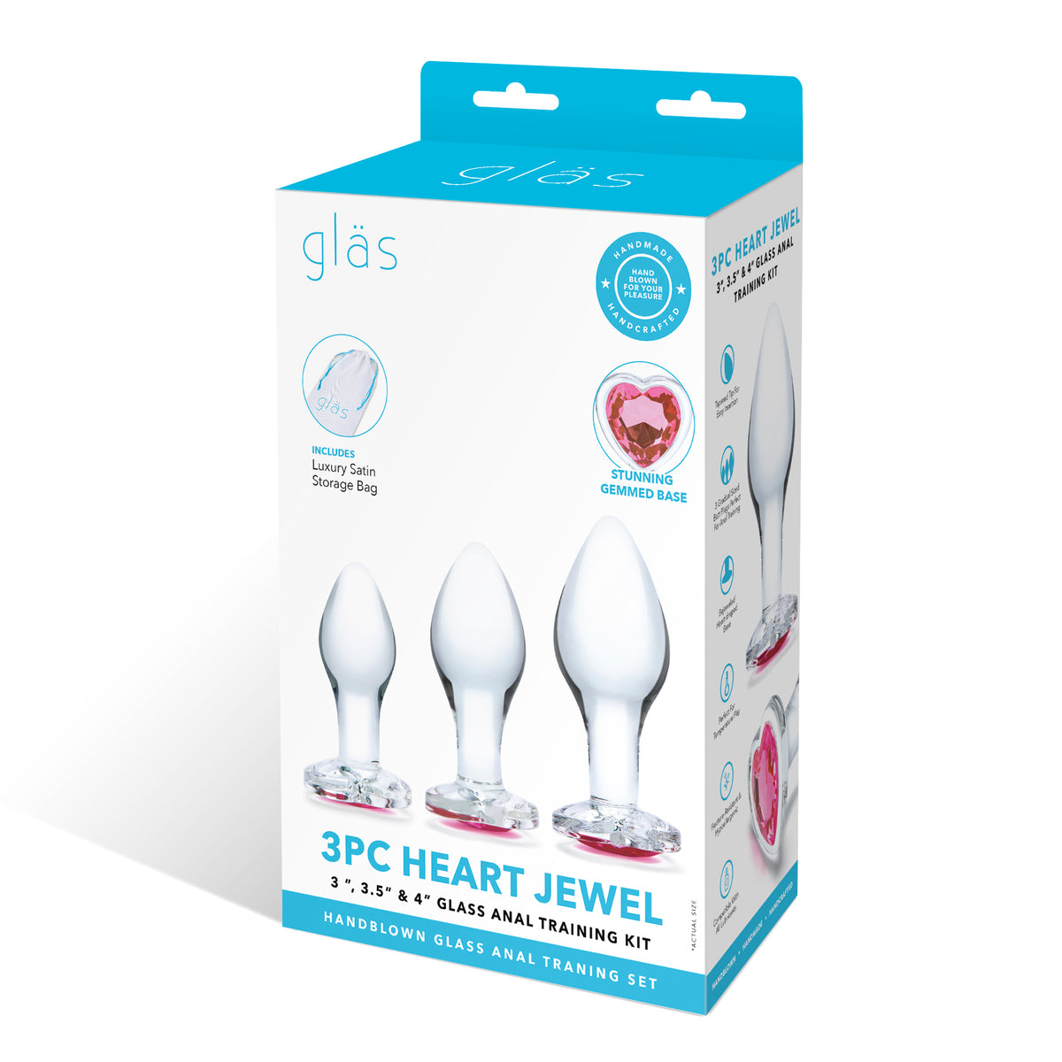 3-Piece Heart Jeweled Glass Butt Plugs Set