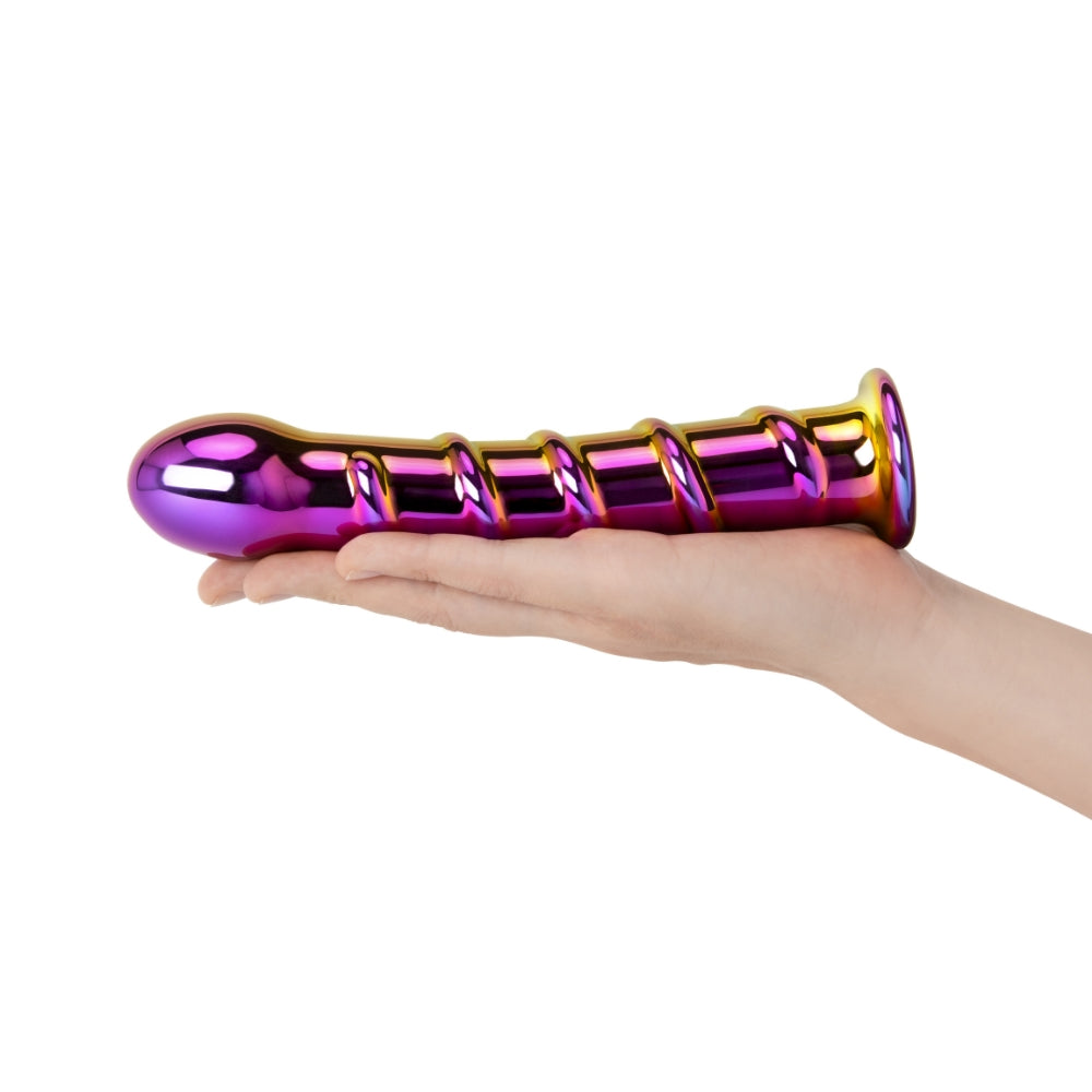 7" Iridescent Chrome Swirl Tapered Glass Dildo
