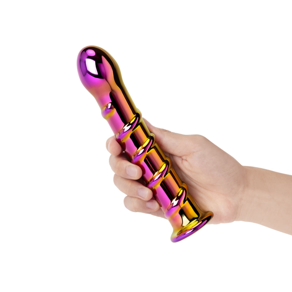 7" Iridescent Chrome Swirl Tapered Glass Dildo