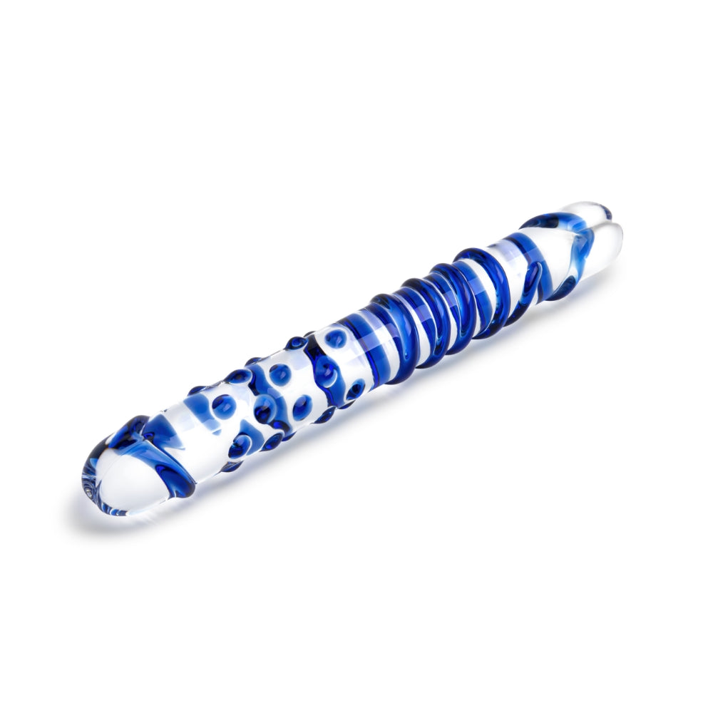 8" Blue Double Sided Textured Glass Dildo