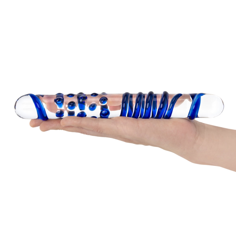 8" Blue Double Sided Textured Glass Dildo