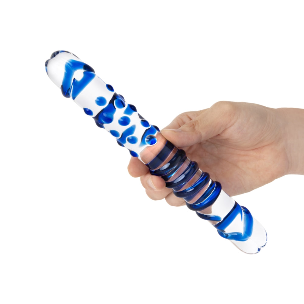 8" Blue Double Sided Textured Glass Dildo
