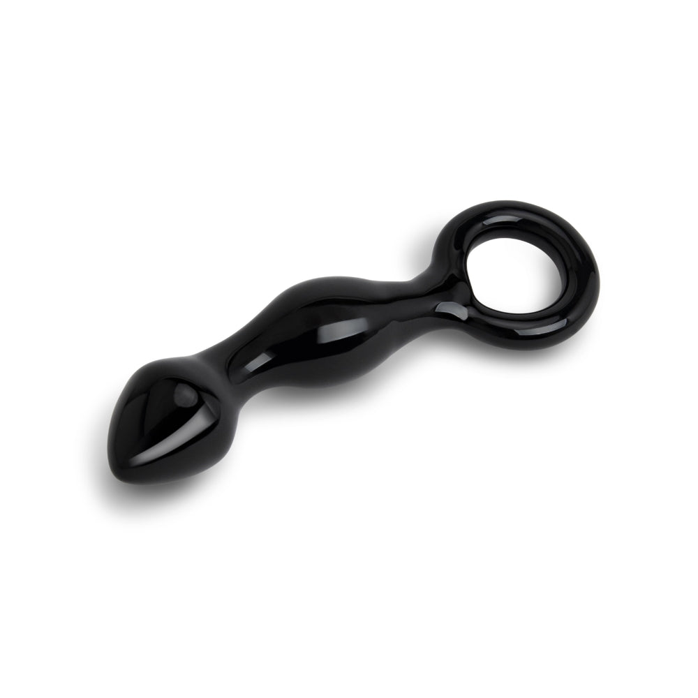 6.5" Curved Black Beaded Glass Butt Plug with Ring
