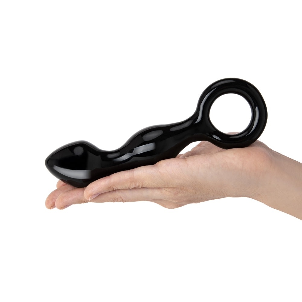 6.5" Curved Black Beaded Glass Butt Plug with Ring