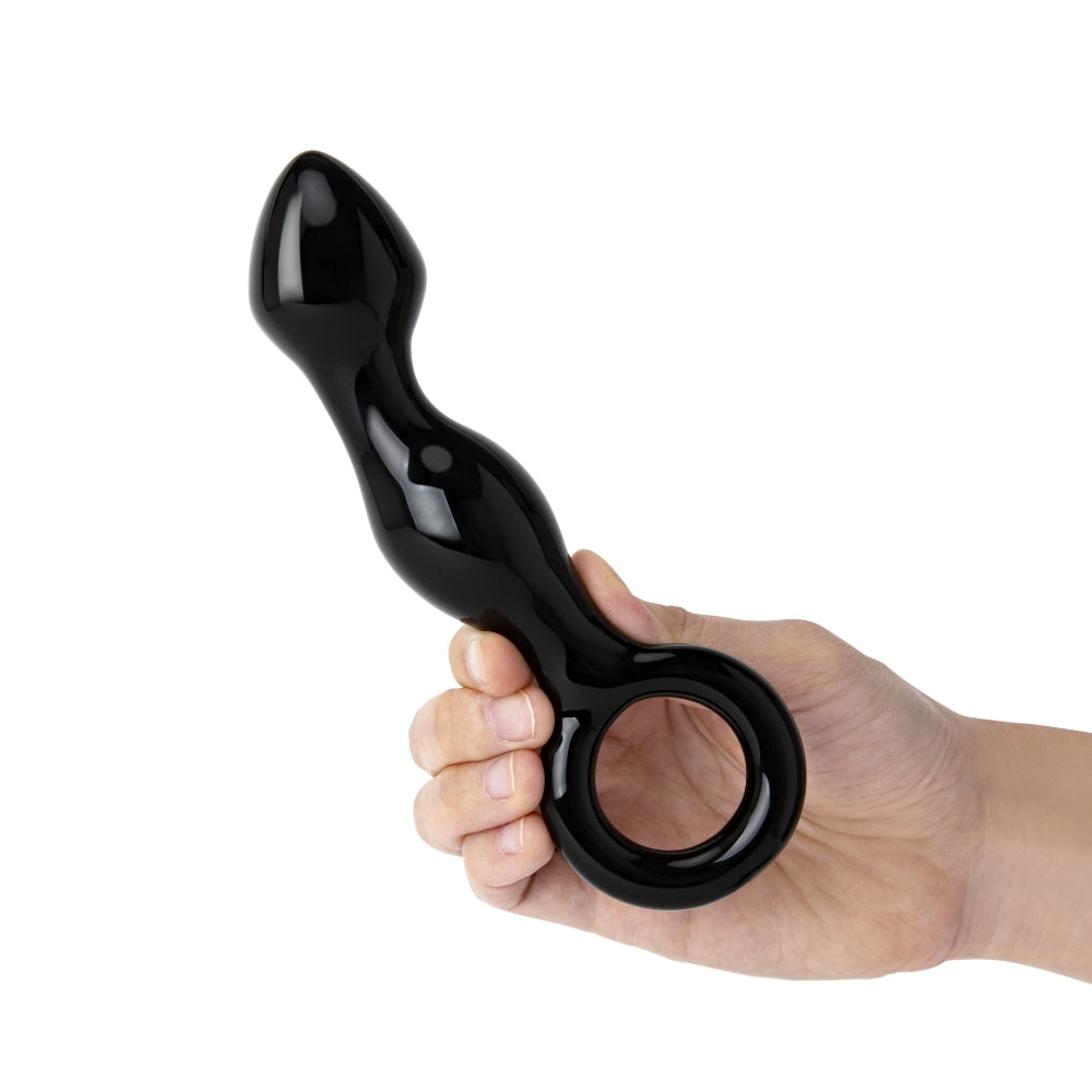 6.5" Curved Black Beaded Glass Butt Plug with Ring