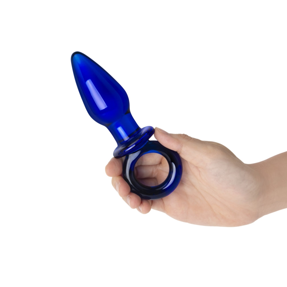 4" Ocean Blue Glass Butt Plug with Ring