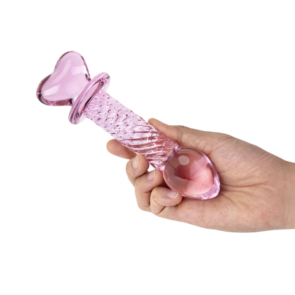 6.25" Pink Love Crystal Heart Ribbed Glass Dildo