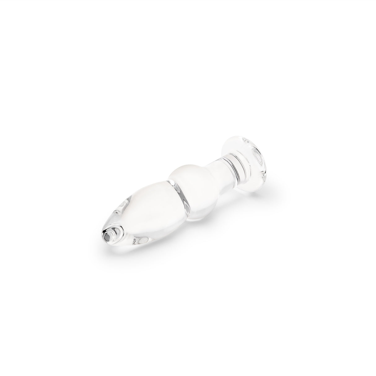 Clear glass anal plug with bulbous head on a white background