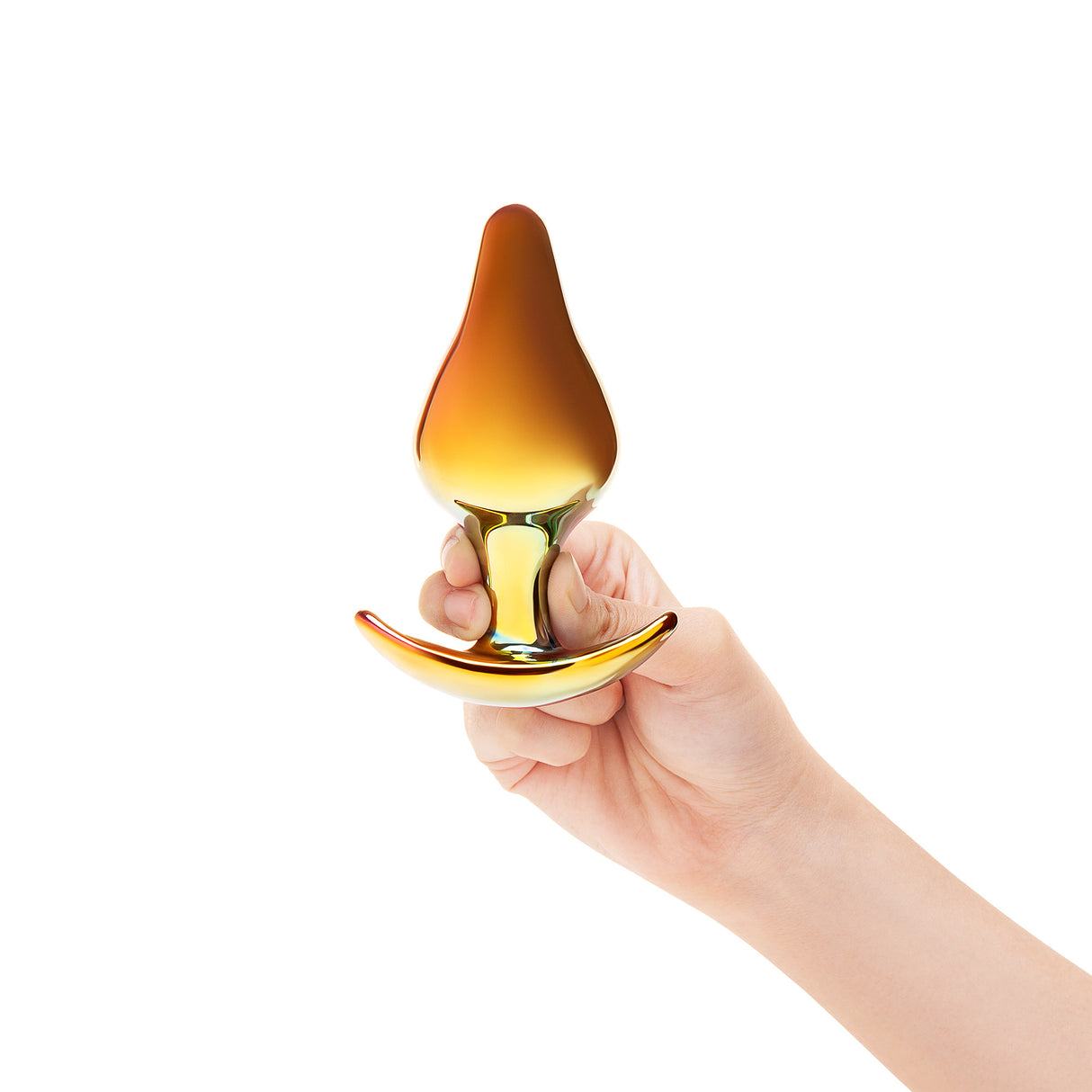 hand holding the plug at the base to show the manageable size, lightweight feel, and secure grip for controlled insertion.