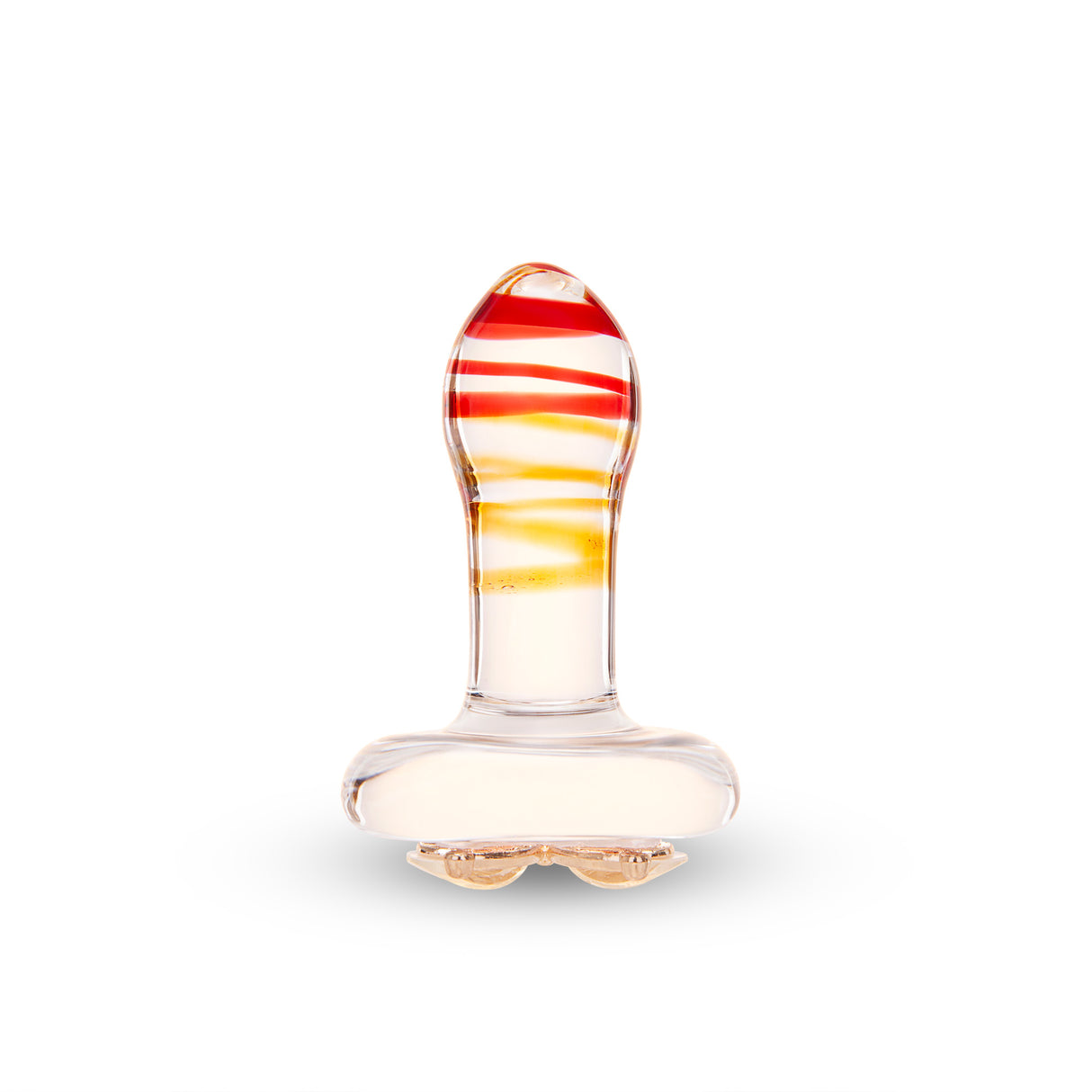 Glass plug with colorful striped design on a white background
