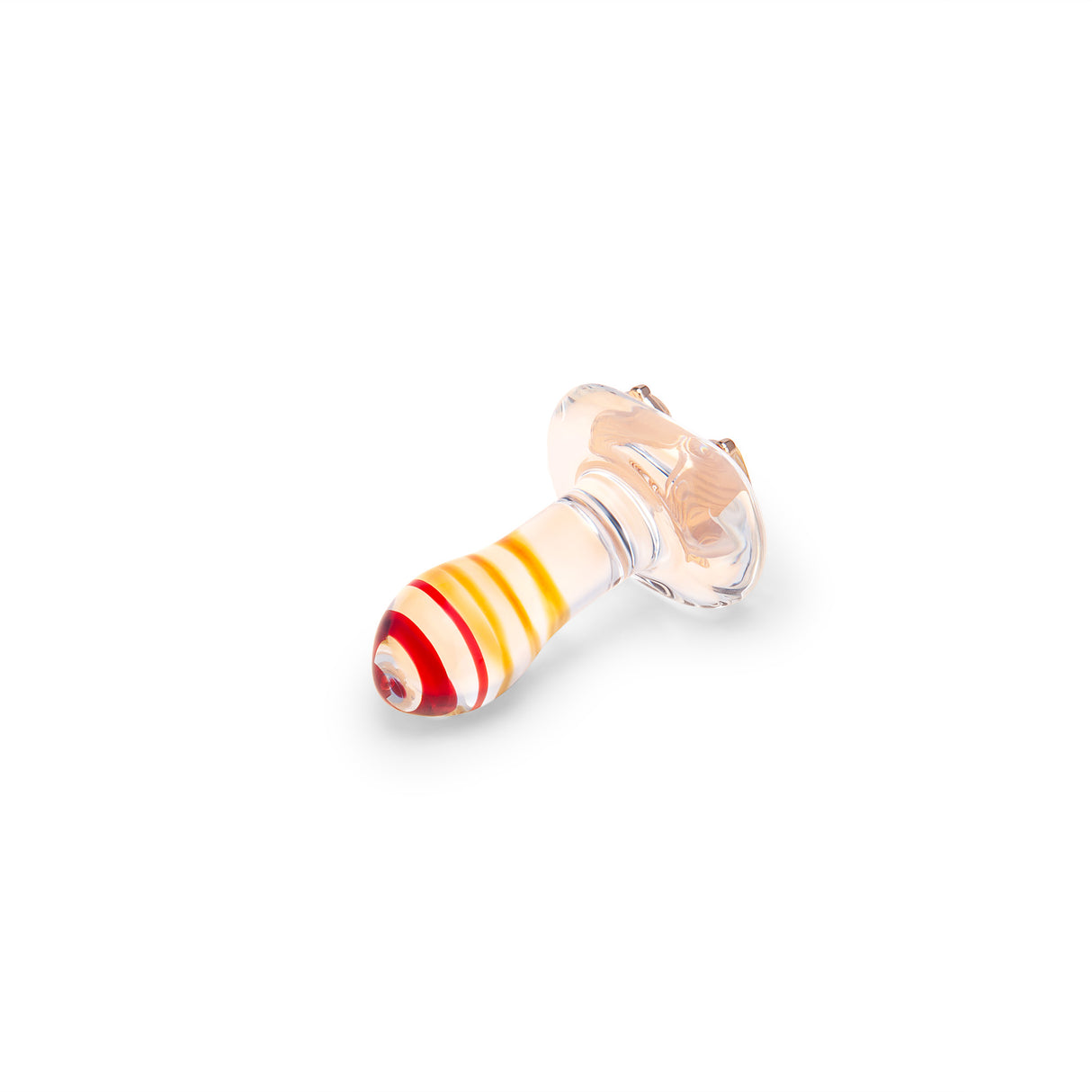 Glass anal plug with colorful striped design on a white background