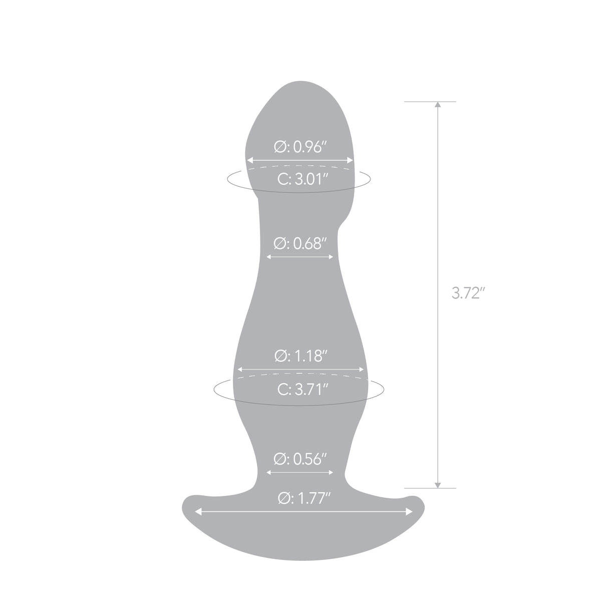 Gray silhouette of a glass anal plug with measurements on a white background