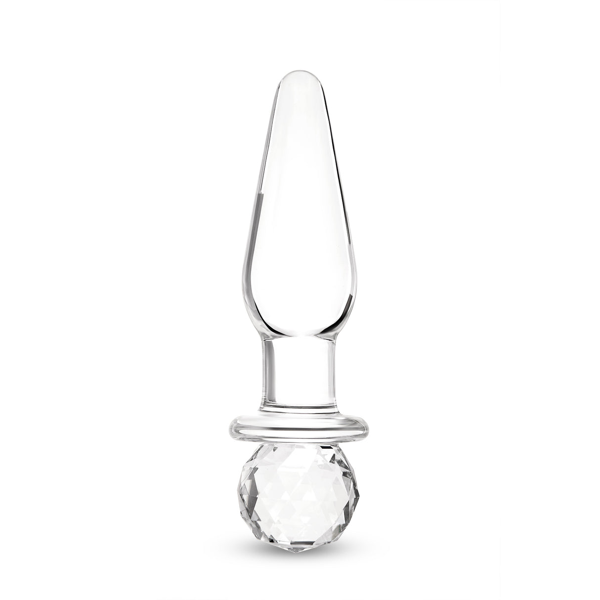 Glass anal plug with round base on a white background