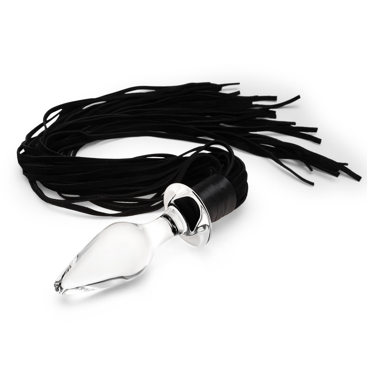 A clear glass butt plug featuring a classic bulb shape, with black faux leather flogger tails dangling from the base.