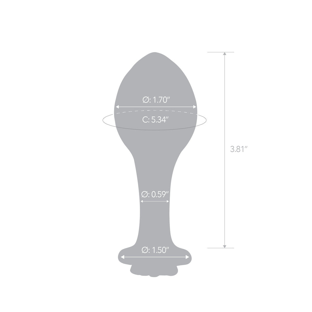 Measurement chart of a Pink glass anal plug with dimensions labeled on a white background