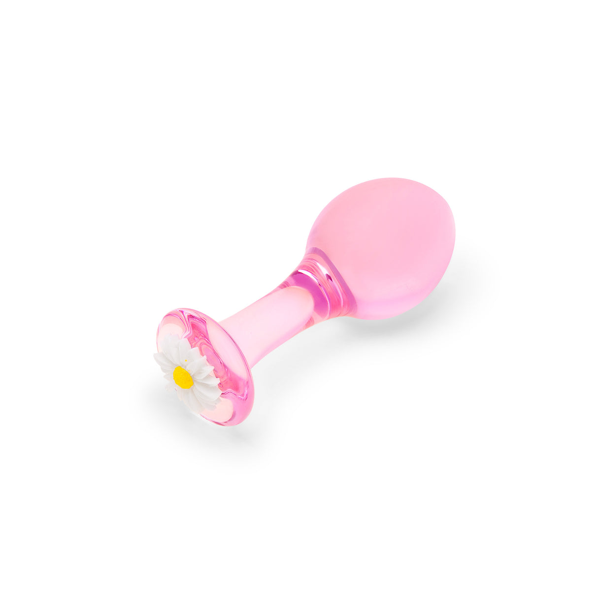 Pink glass anal plug with a white flower design on a white background