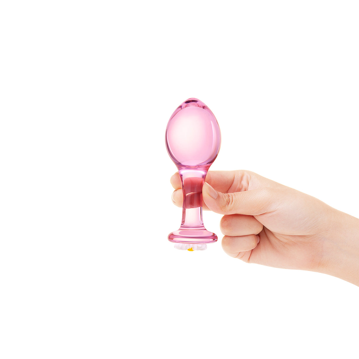 A hand holding the plug by the base, demonstrating the 3.8-inch insertable length and the substantial bulb width.