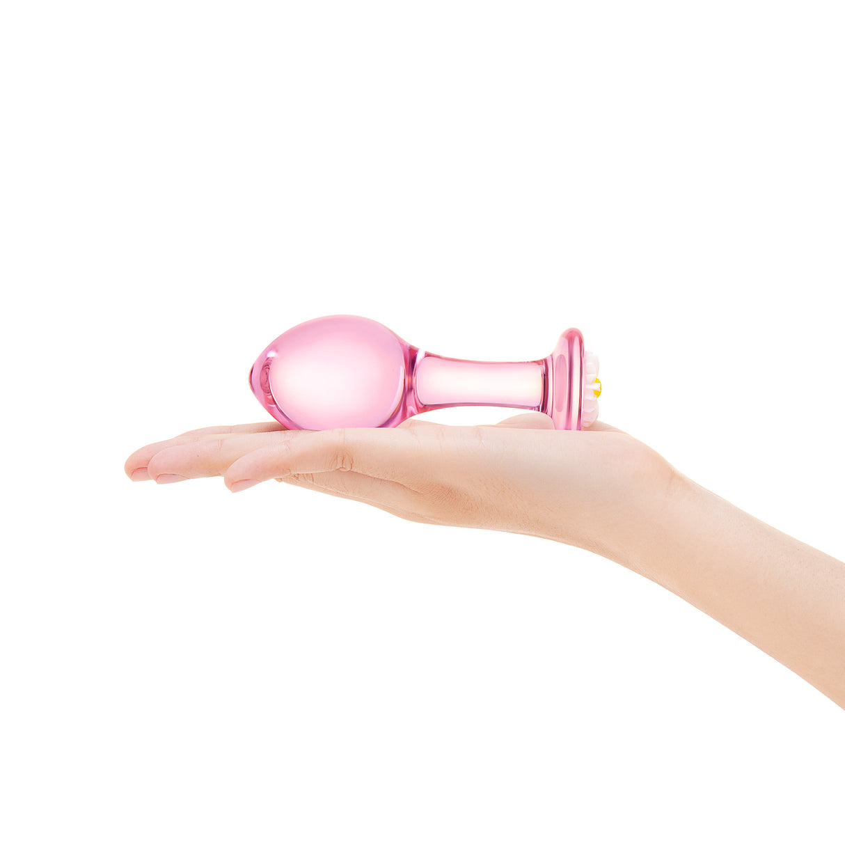 A hand holding the plug demonstrating the 3.8-inch insertable length and the substantial bulb width.