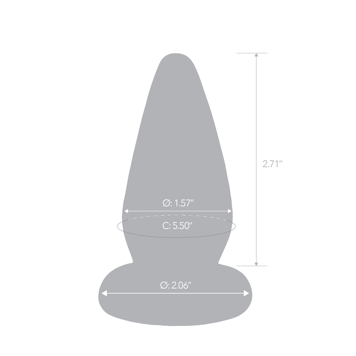 glass cone-shaped anal plugwith measurements on a white background