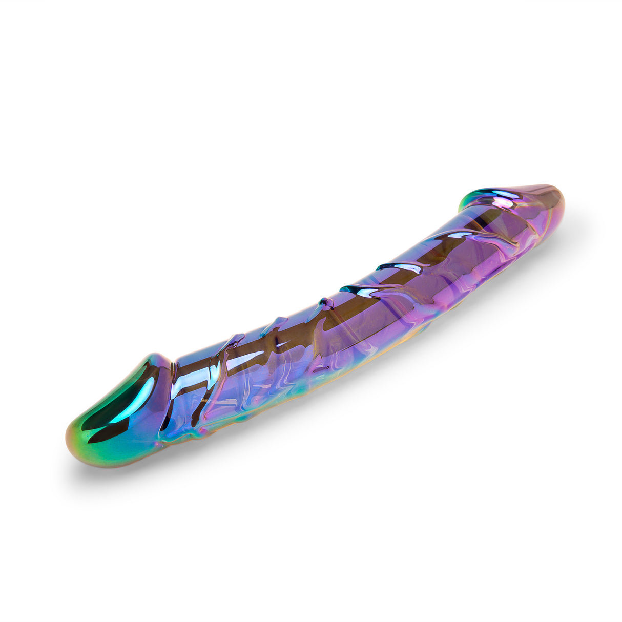 A holographic glass dildo lying flat, showing the dual-ended design with one spiraled tip and one bulbous ridged tip.