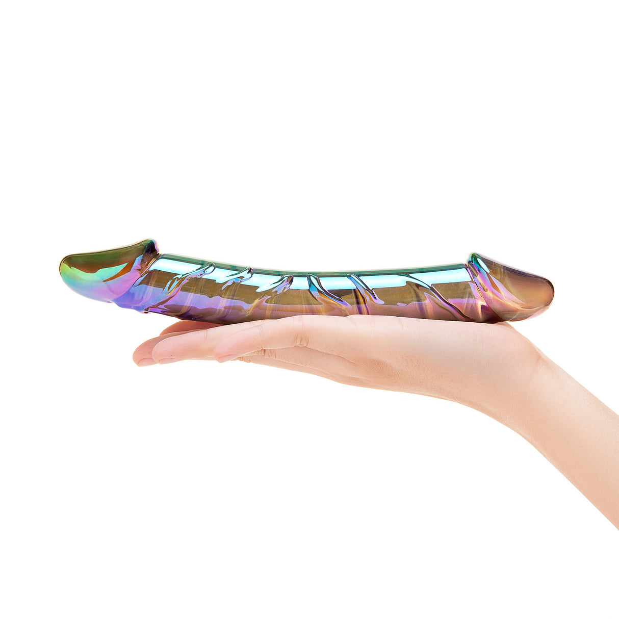 A hand holding the dildo, showing the balanced length and the 1.11-inch diameter.