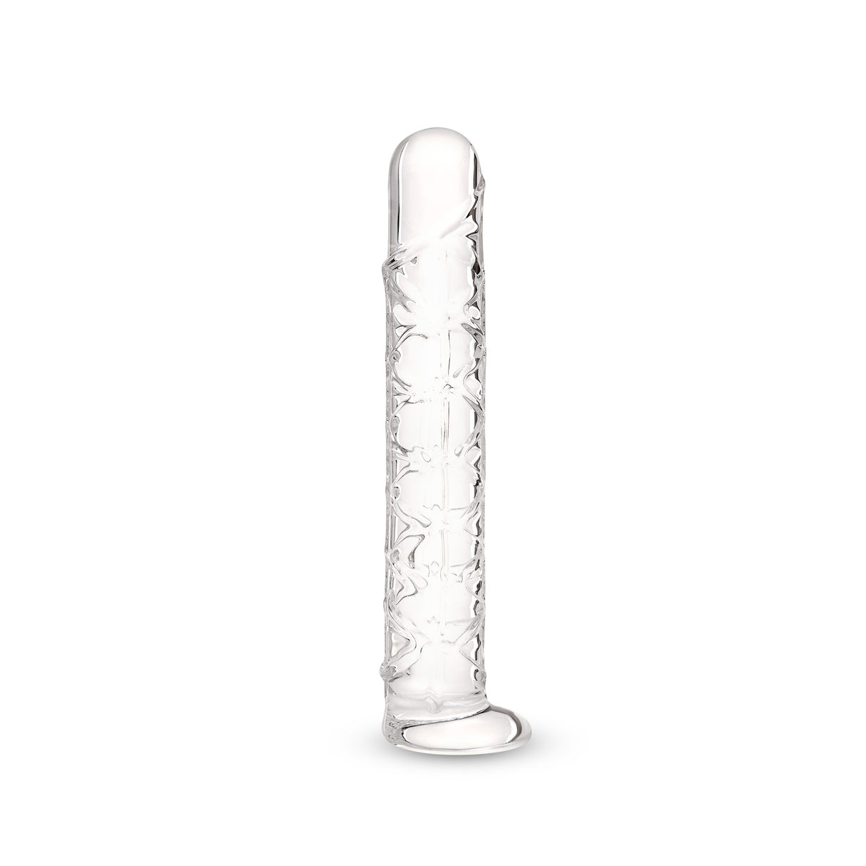 Clear glass Long Textured Glass Dildo on a white background