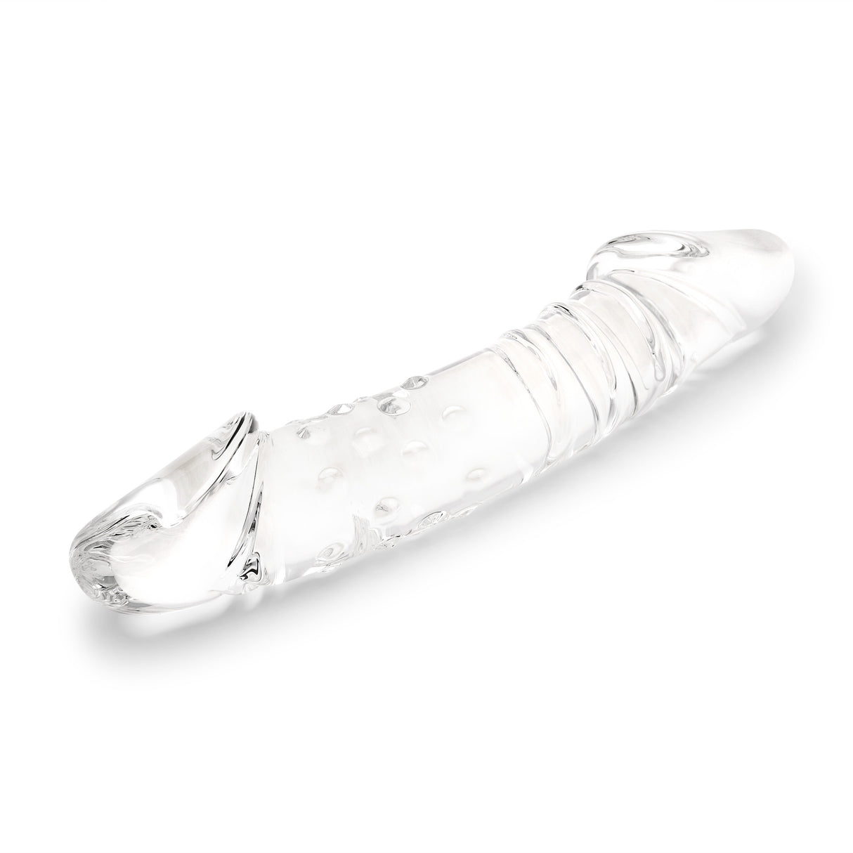 A transparent dual-ended glass dildo lying flat, showing the two realistic tips connected by a swirled shaft.