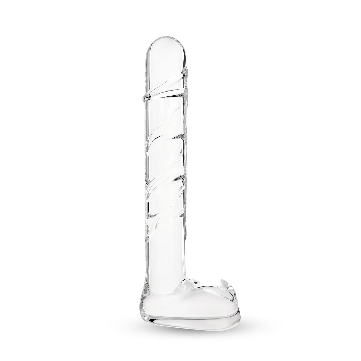 Textured Curved Glass Dildo with rounded smooth tip and textured shaft on a white background
