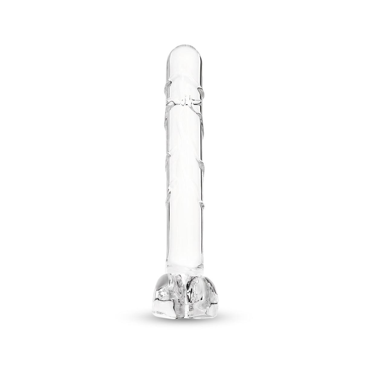 Textured Curved Glass Dildo with rounded smooth tip and textured shaft standing against a white background