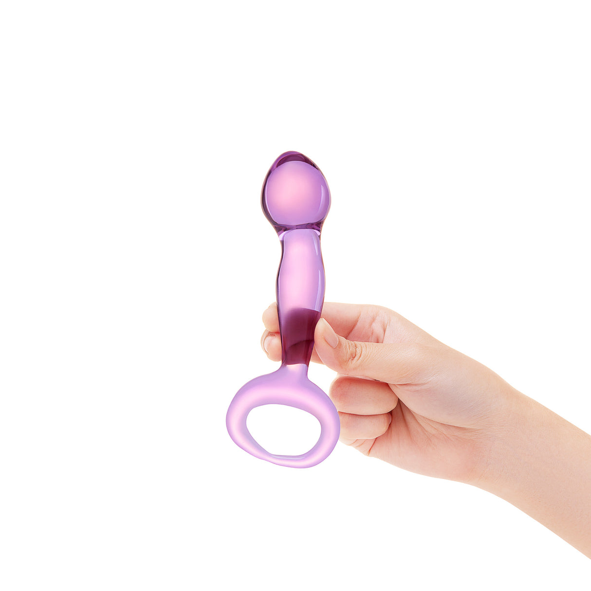 Hand holding a Purple Teardrop Tip & Ring Base dildo against a white background