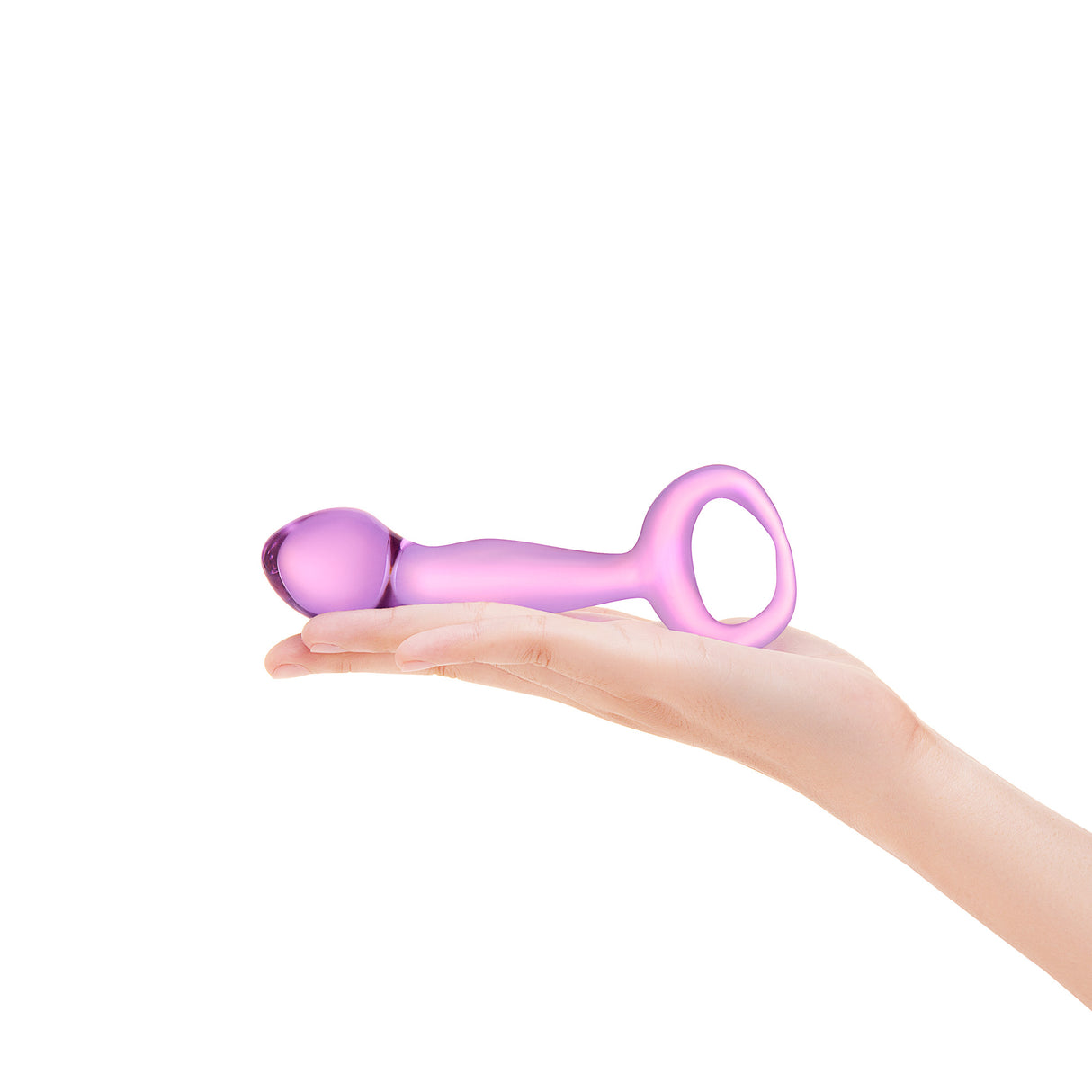 Purple Teardrop Tip & Ring Base dildo held in a hand on a white background