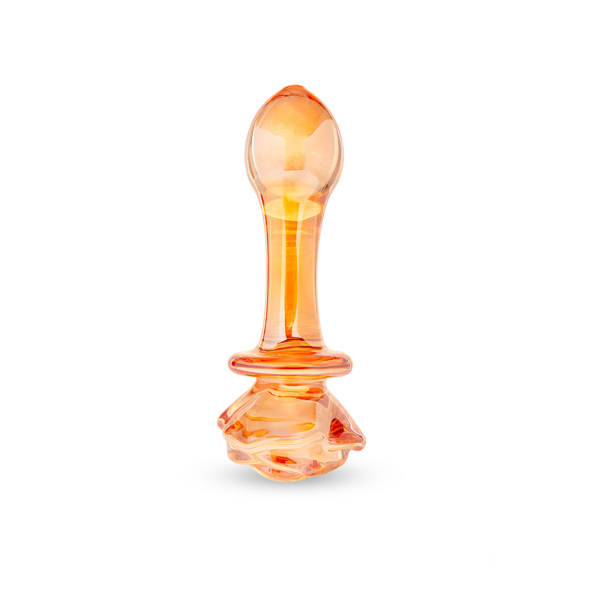 Orange teardrop shaped tip with rosebud base butt plug on a white background
