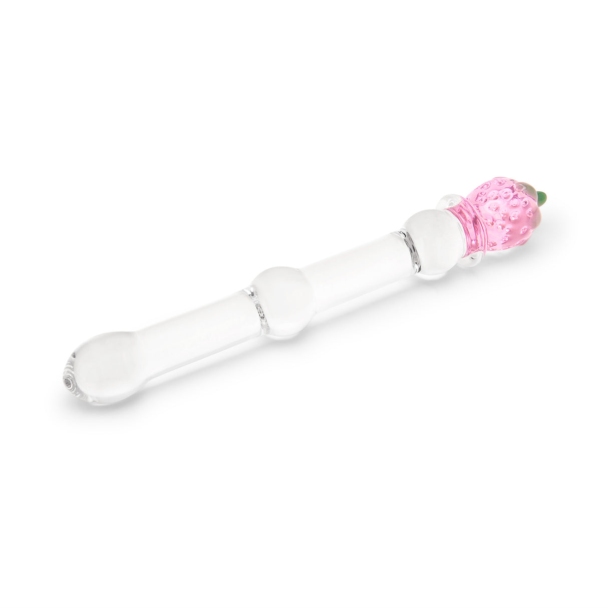 Strawberry Base Glass dildo featuring a rounded tip and a beaded mid-shaft body on a white background