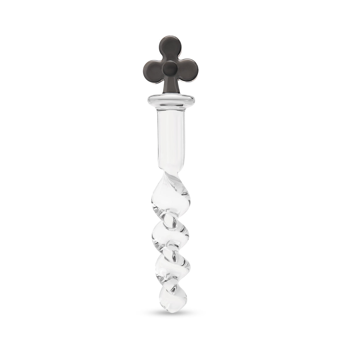 spiral glass anal plug featuring a tapered tip and black clover base on a white background