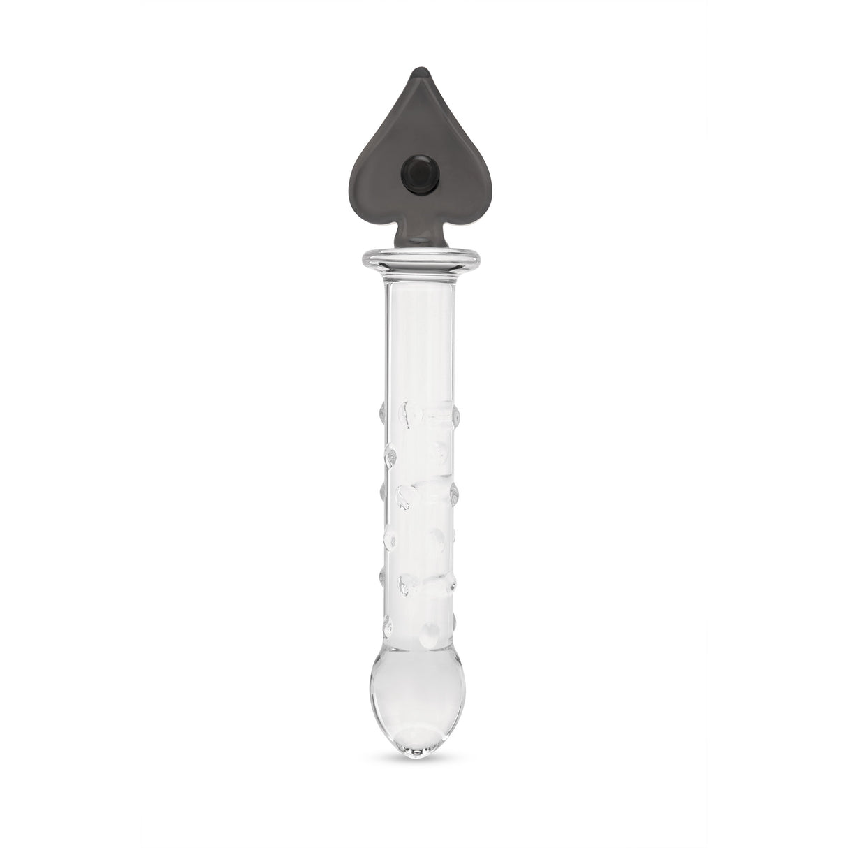 textured glass dildo with a nubbed shaft and secure spade base on a white background