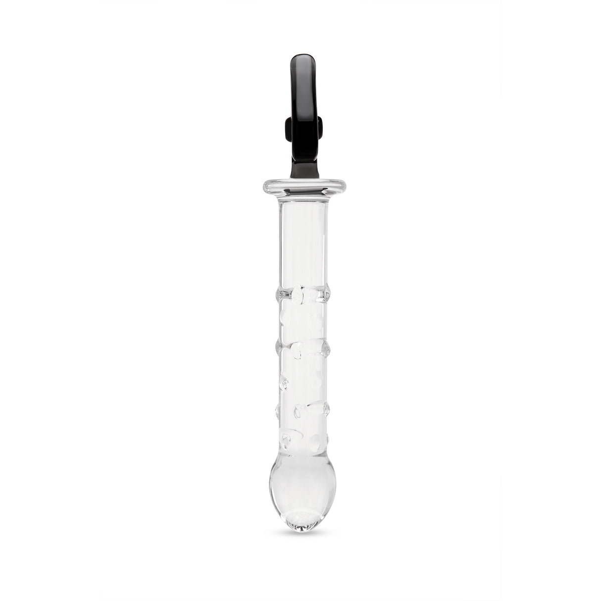 side view of a textured glass dildo with a nubbed shaft and secure spade base on a white background