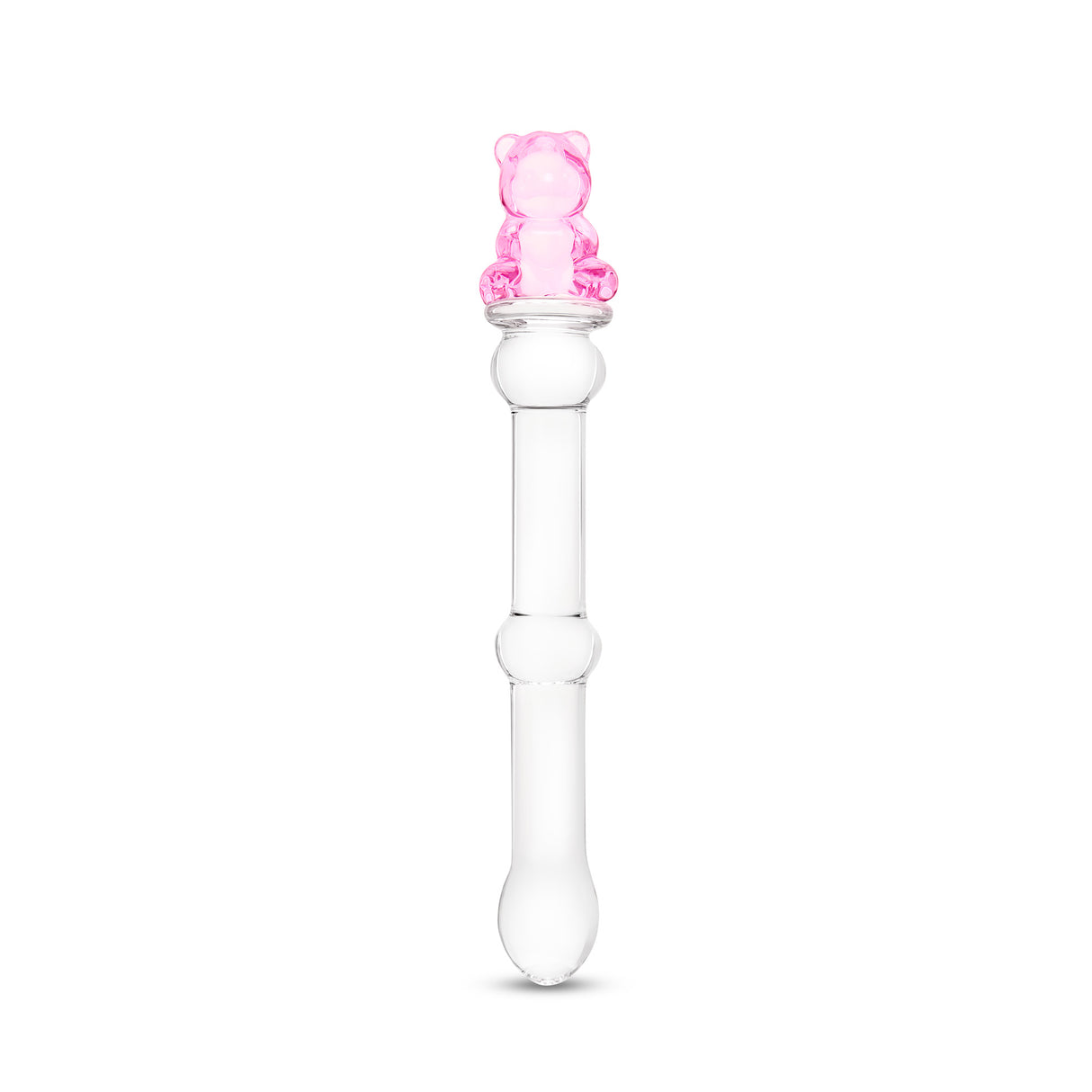 Clear beaded glass dildo featuing a tapered tip and cute pink bear base on a white background