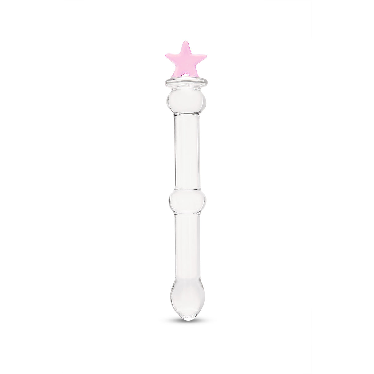 beaded glass dildo featuring a pink star base and mid-shaft bead on a white background